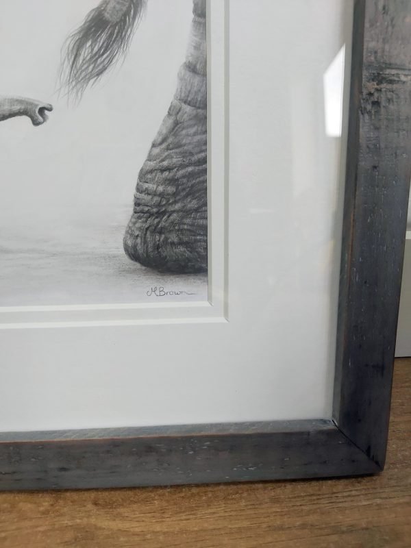 elephant original drawing, close up of wooden frame and artists signature