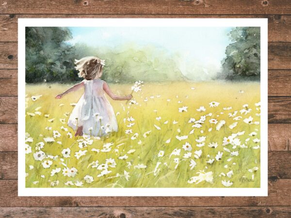 girl in a field of daisies painting art print