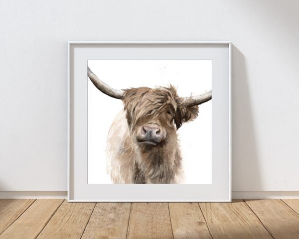 Highland Cow square print framed in a white frame