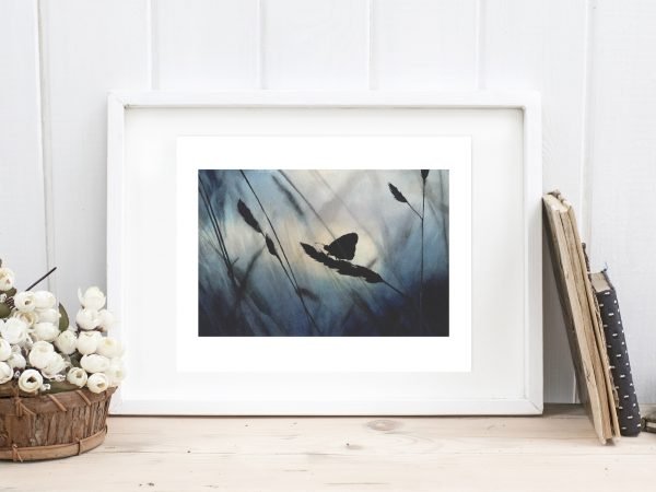 'Butterfly' Blue Atmospheric Watercolour painting framed in white