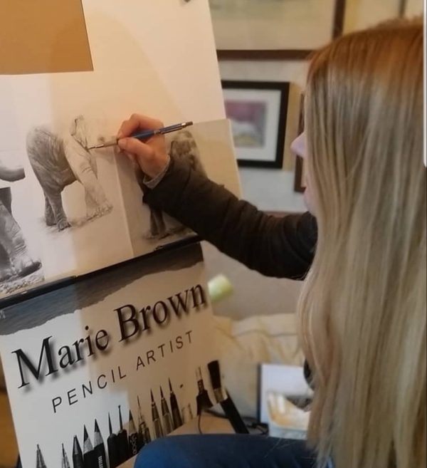 artist Marie Brown drawing an elephant