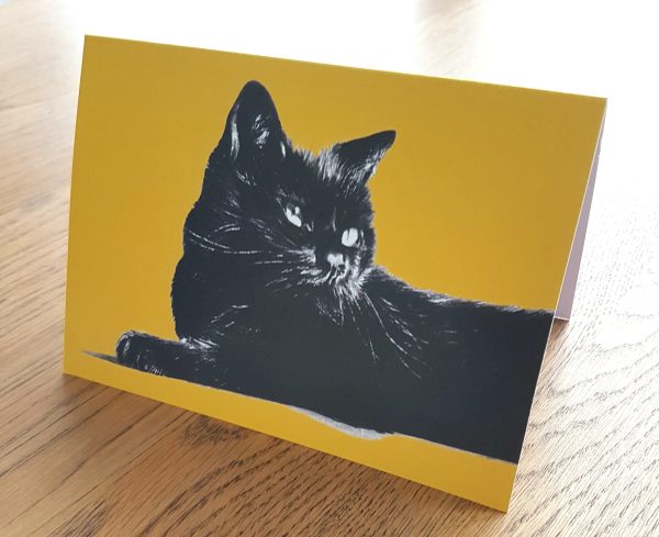 black cat on yellow background greetings card