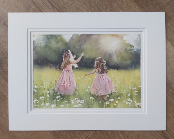 Mounted original watercolour painting of 2 girls in a daisy field