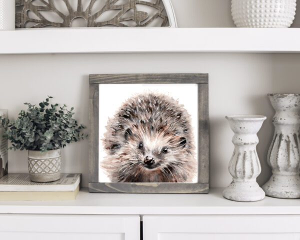 framed hedgehog picture in a farmhouse scene