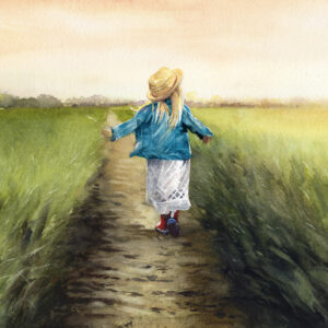 A girl walling through a field in red wellies, watercolour painting