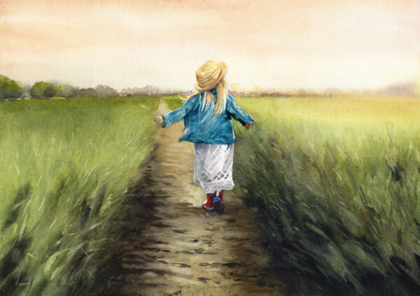 A girl walling through a field in red wellies, watercolour painting