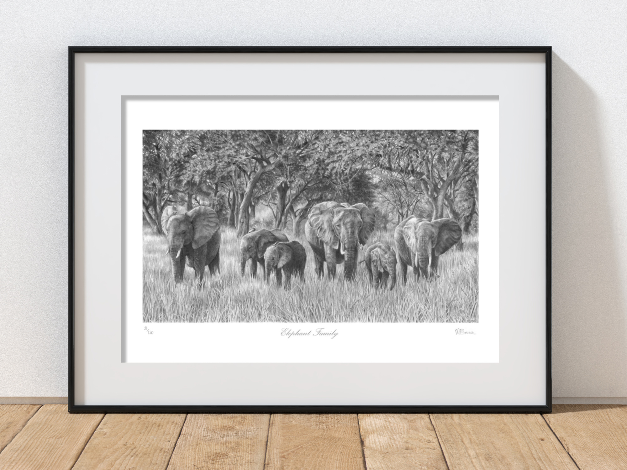 elephant family limited edition print taken from a detailed pencil dawing by animal artist marie brown