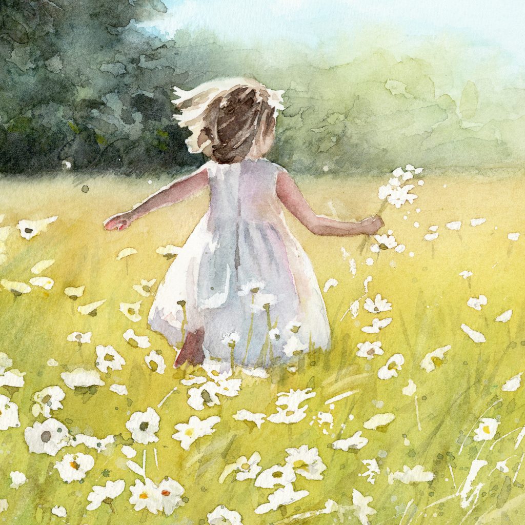 little girl running through a field of daisys - watercolour art print