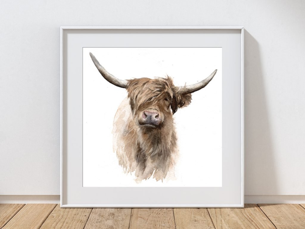 Highland Cow square print framed in a white frame