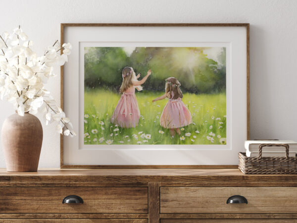 painting of two little girls dressed in pink in a summer meadow, framed in an oak frame on a wooden unit.