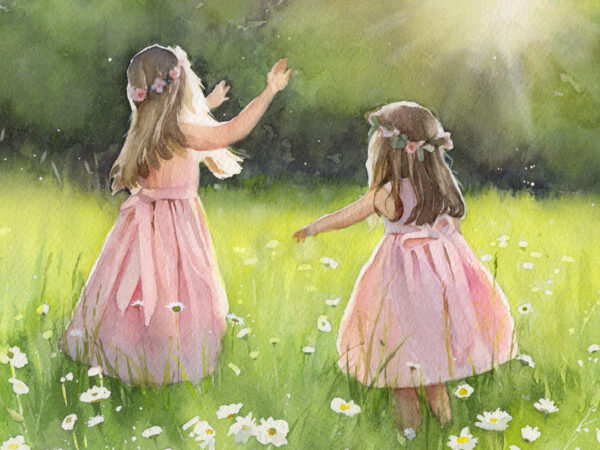 close up of watercolour painting of 2 girls dancing