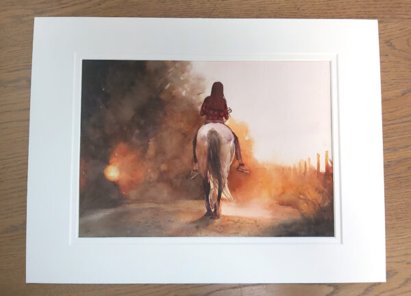 mounted original watercolour painting of a girl riding a horse into the sunset