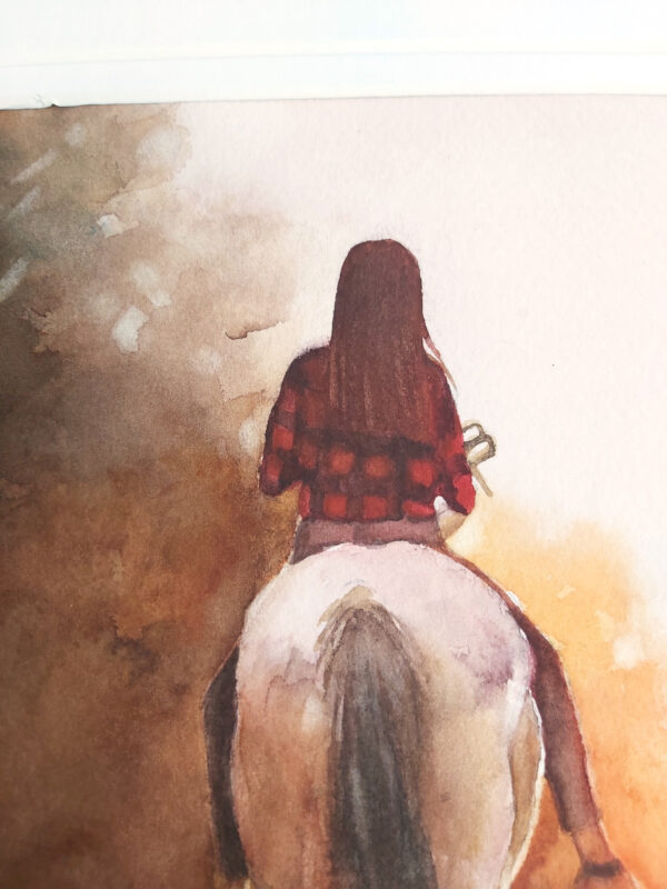 close up of a watercolour painting of a girl riding a horse into the sunset