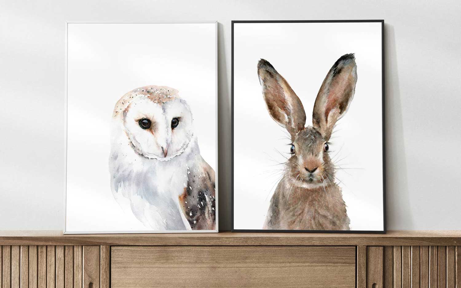 owl and hare duo set art prints