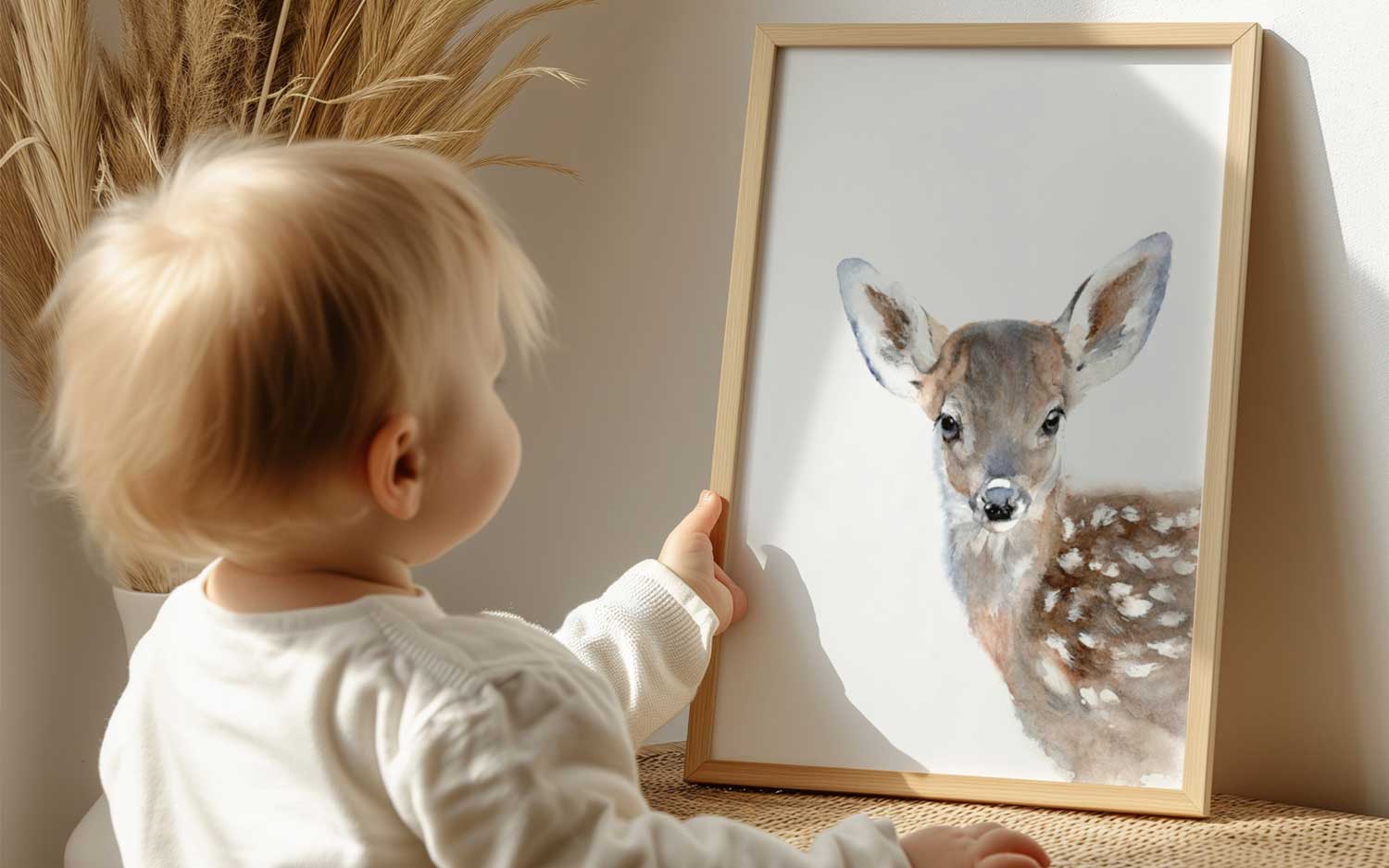 baby holding a framed print of a fawn watercolour painting