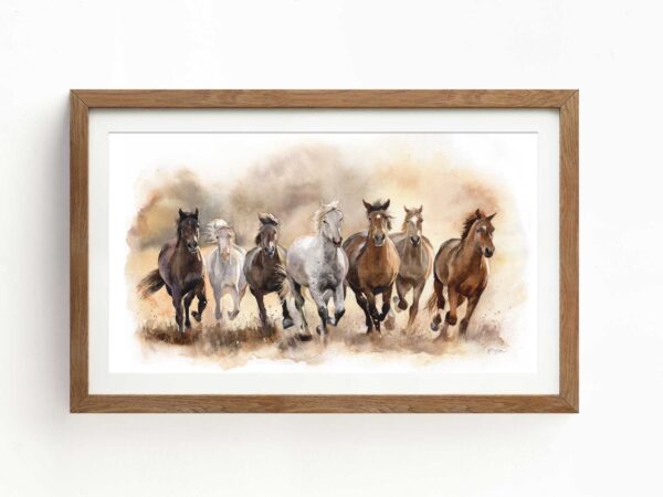horse herd watercolour framed art print