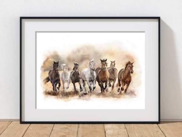 horse herd watercolour framed art print