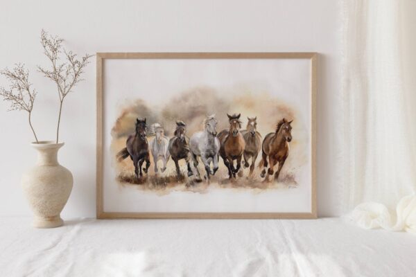 horse herd watercolour framed art print