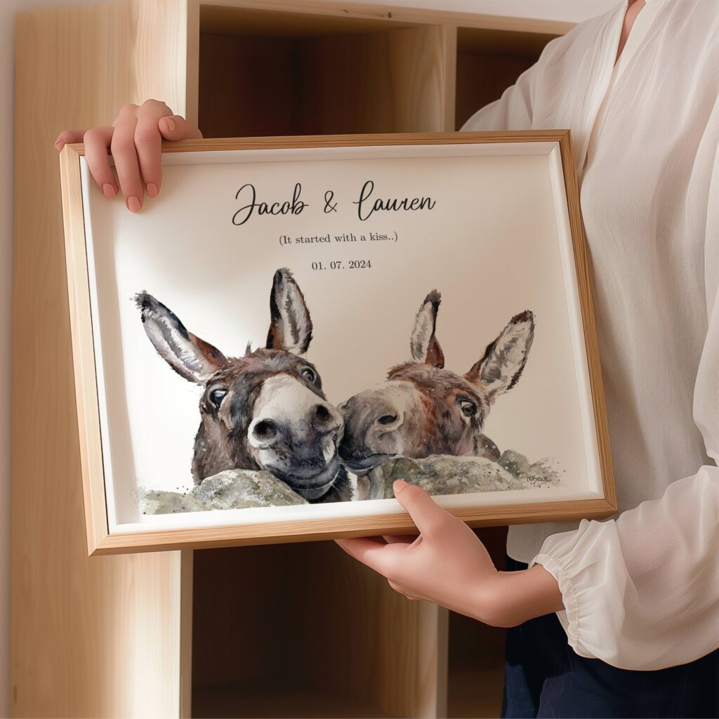 personalised print for couples, donkey duo in watercolour