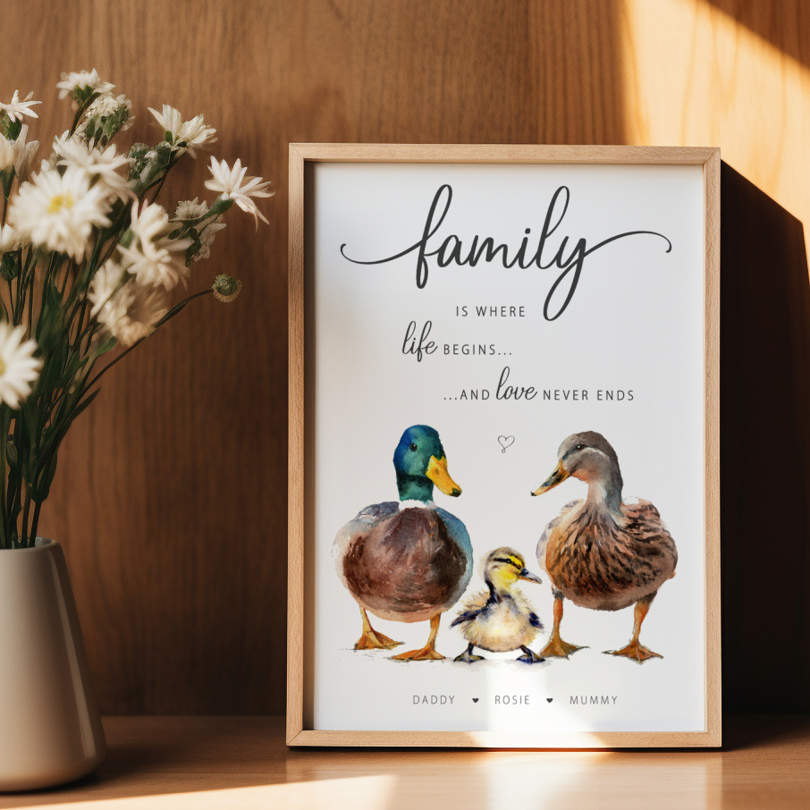 framed bospoke print of a family of ducks on t sunlit table next to a vase of daisies