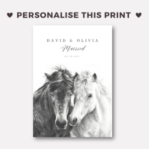 personalised wedding gift, horse art print featuring two horses together
