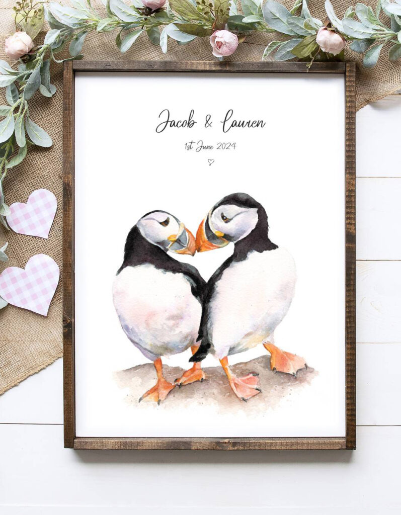 framed image of a 'puffin love' art print in watercolour - personalised art print