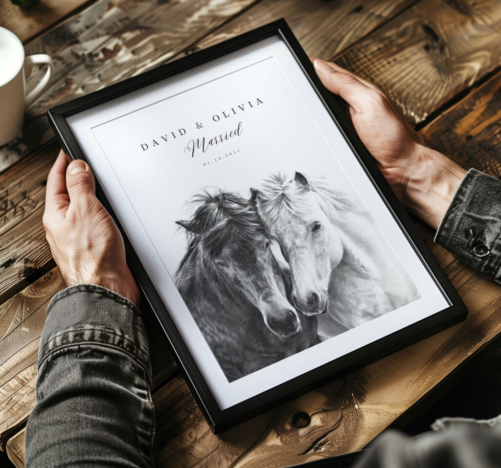 gift of a personalised horse love art print for newlyweds