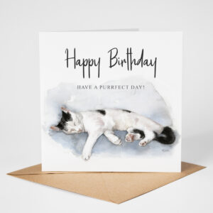 whie and black sleeping cat happt birhtday card