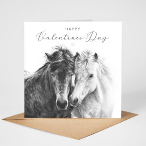 Horse Love Valentines Day Card featuring an original drawing in pencil of two horses in love