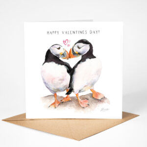 puffin valentines day card featuring a hand painted watercolour of two puffins in love
