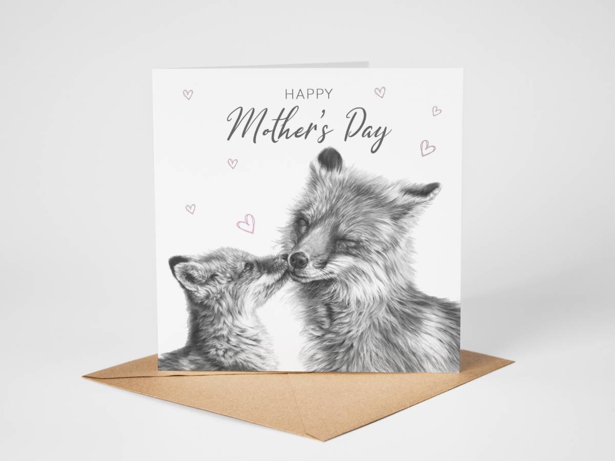 fox mother and cub sharing a kiss, mothers day card