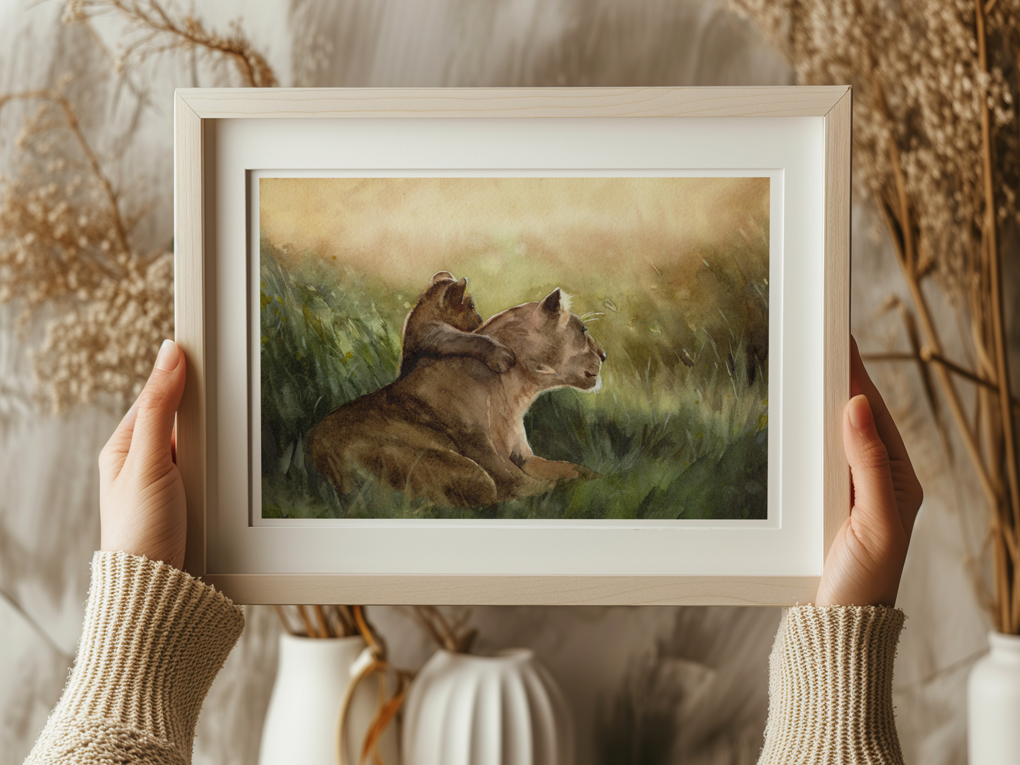 lioness & cub framed print