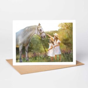 friendly horse greeting two young girls, watercolour painting greetings card