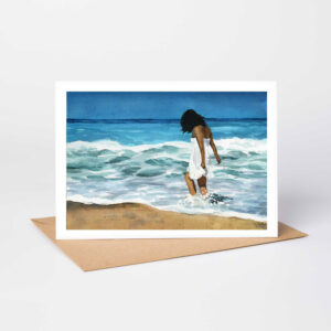 girl on a beach watercolour painting fine art greetings card