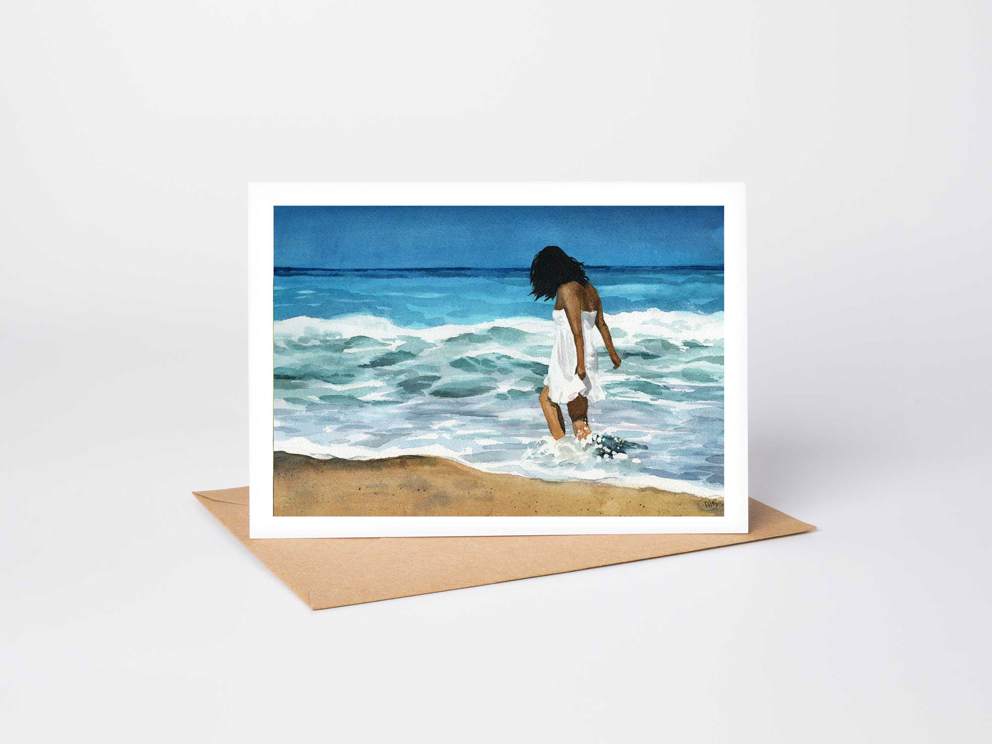 girl on a beach watercolour painting fine art greetings card