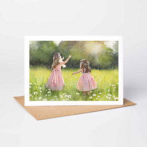 summer days watercolour painting, greetings card of two girls dancing in the dazzling summer sun
