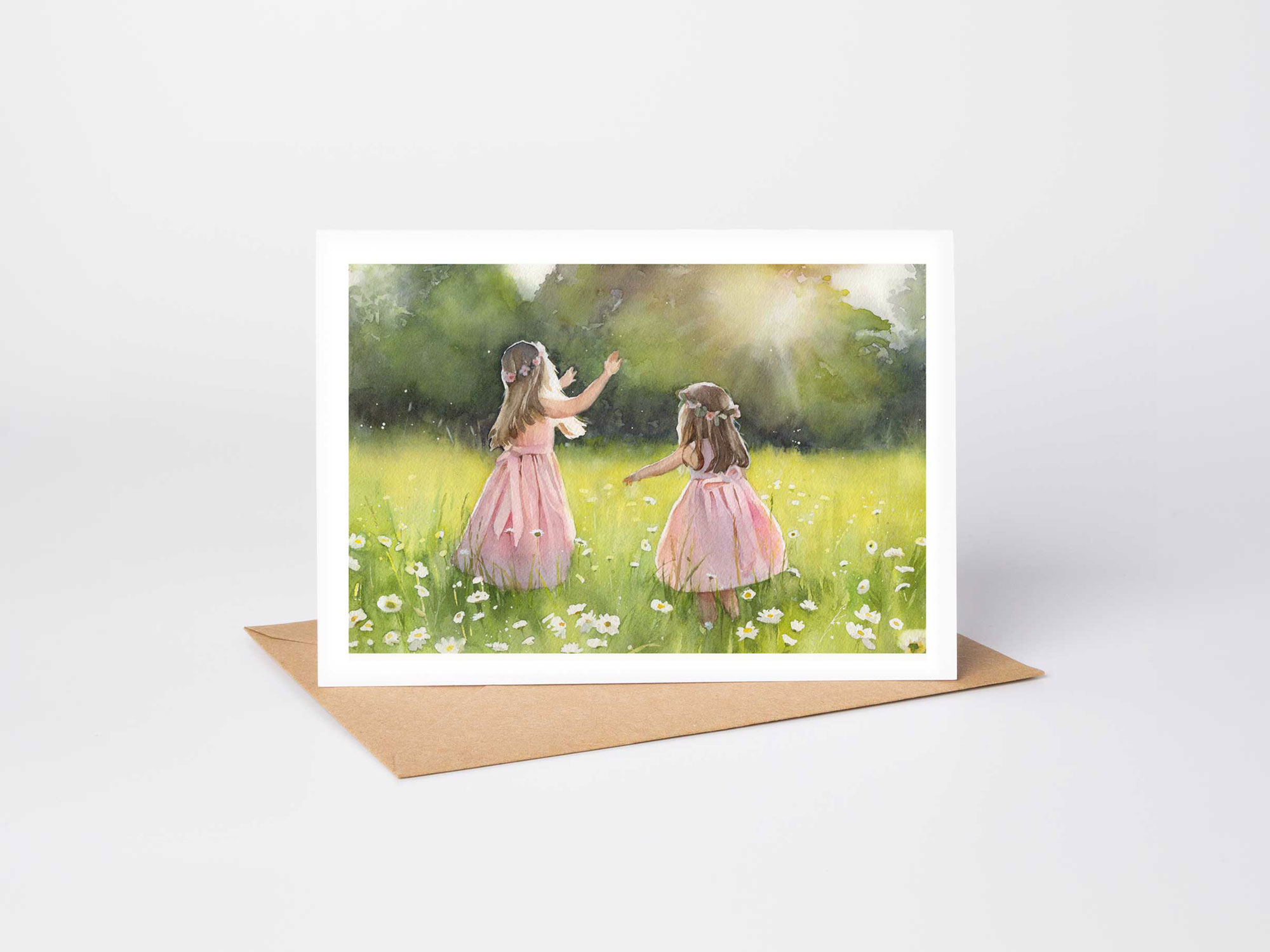 summer days watercolour painting, greetings card of two girls dancing in the dazzling summer sun