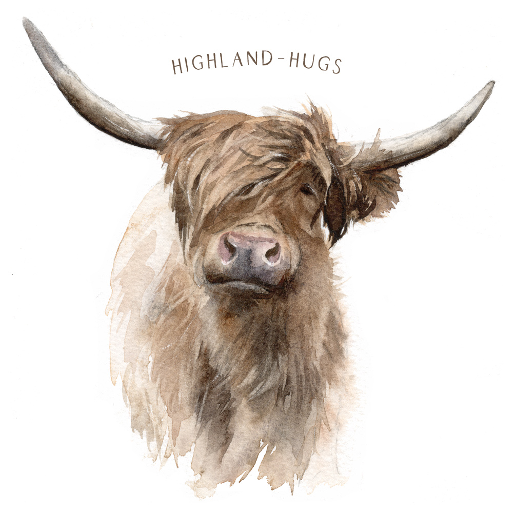 Highland Hugs Highland Cow Card – Watercolour Thinking of You Greetings Card