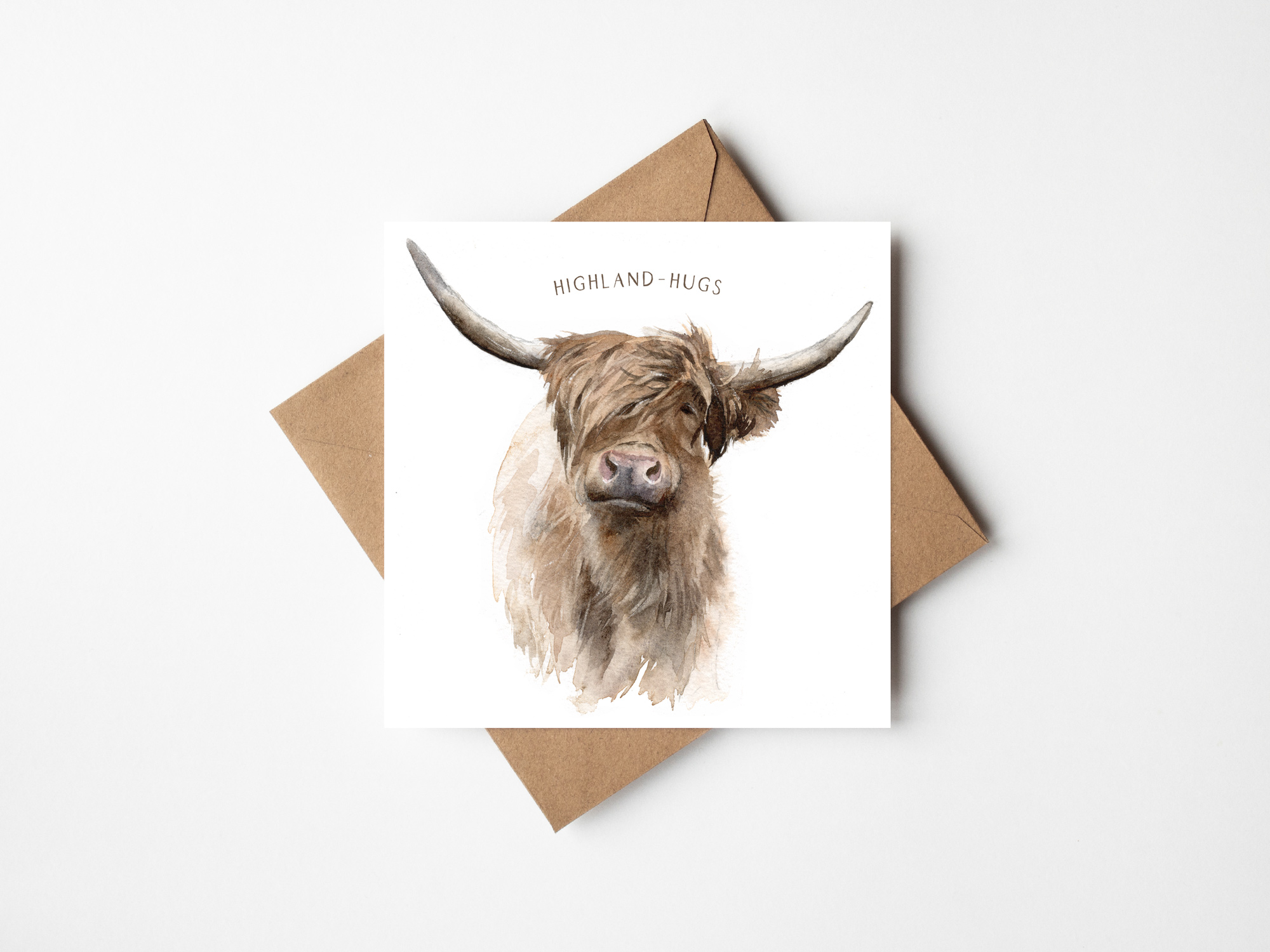 Highland Hugs Highland Cow Card, Watercolour Thinking of You Greetings Card