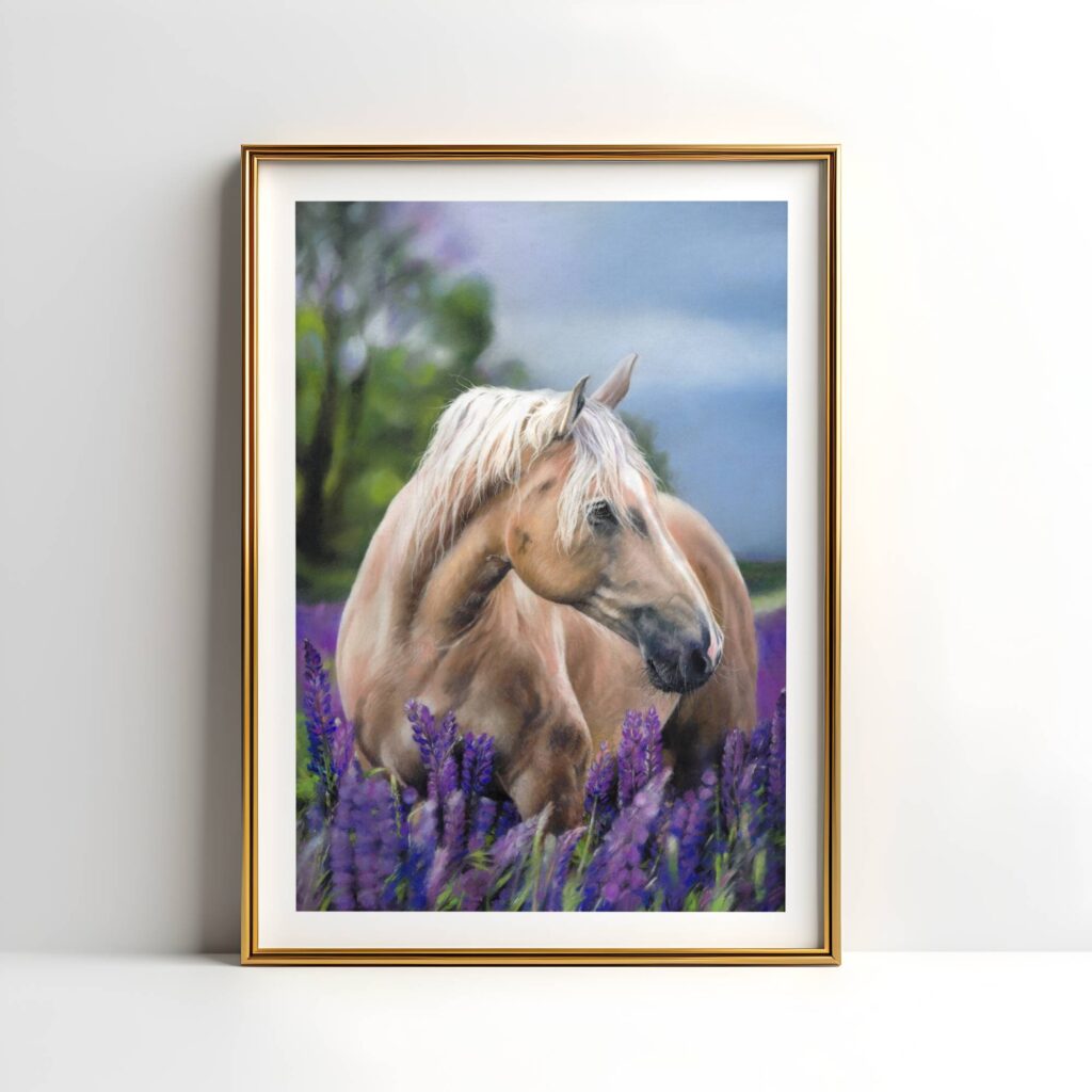 palomino horse in a field of lupine flowers, framed artwork in pastel,